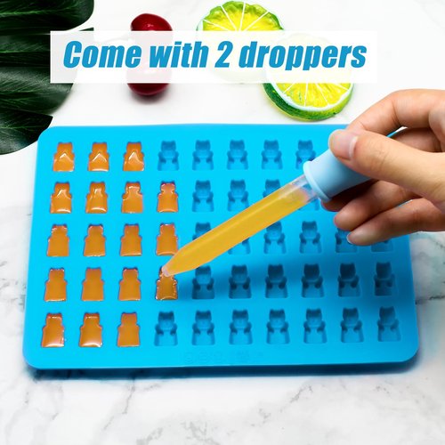 5 PCS Silicone Gummy Molds, Food Grade Non-Stick Candy & Chocolate Mold Fruit Snack Molds BPA-Free with 2 Droppers Including Mini Dinosaur, Bear, Heart, Fruit, and Donut (Blue)