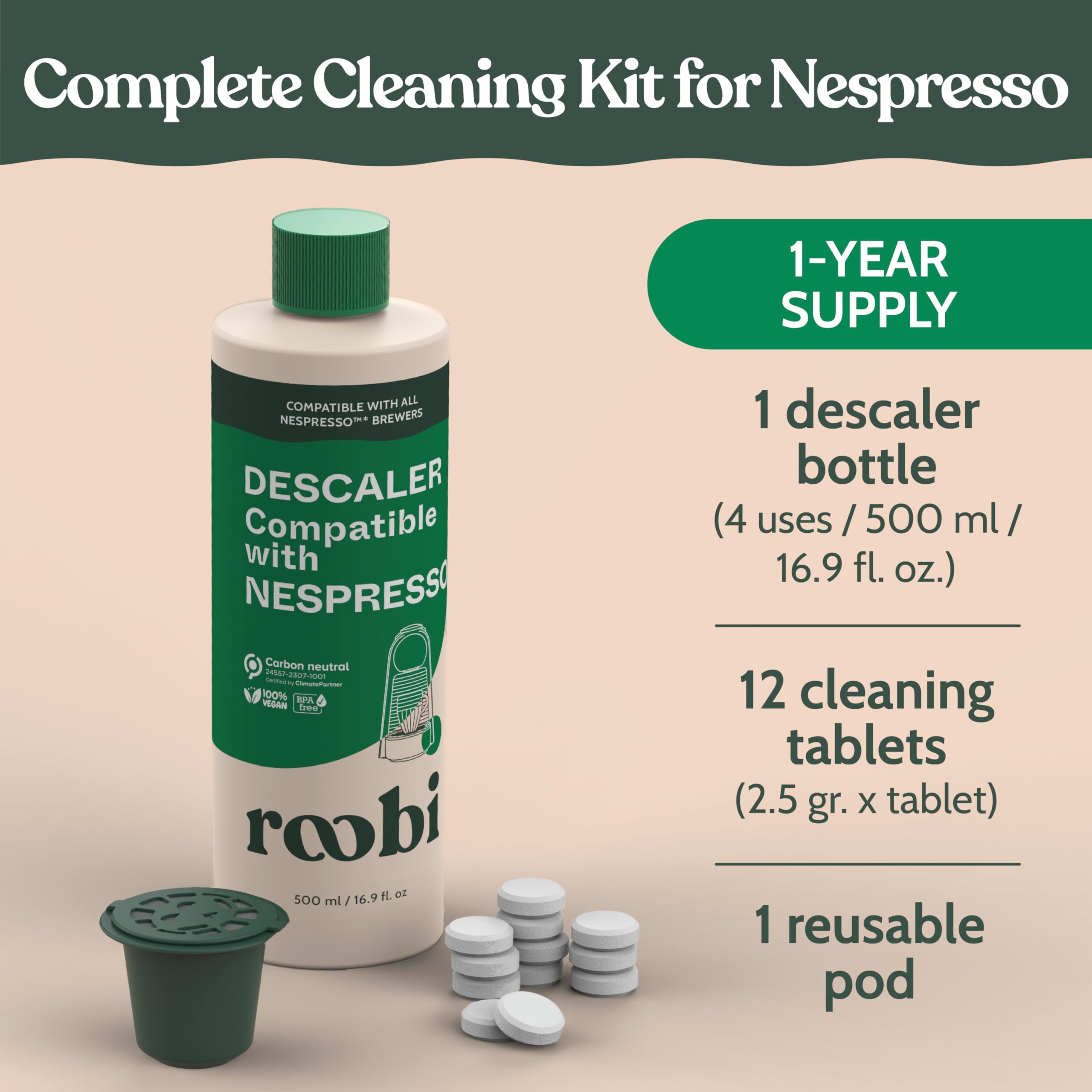 Roobi Descaling and Cleaning Kit Compatible with Nespresso Originaline. Includes 1 Bottle of Descaling Solution, 12 Cleaning Tablets and 1 Reusable Pod. Carbon Neutral. 1 Year Supply.