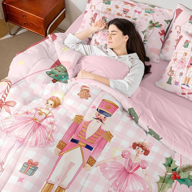 Feelyou 7-Piece Queen Comforter Set with Sheets (Pink/White/Green) - Microfiber Bedding