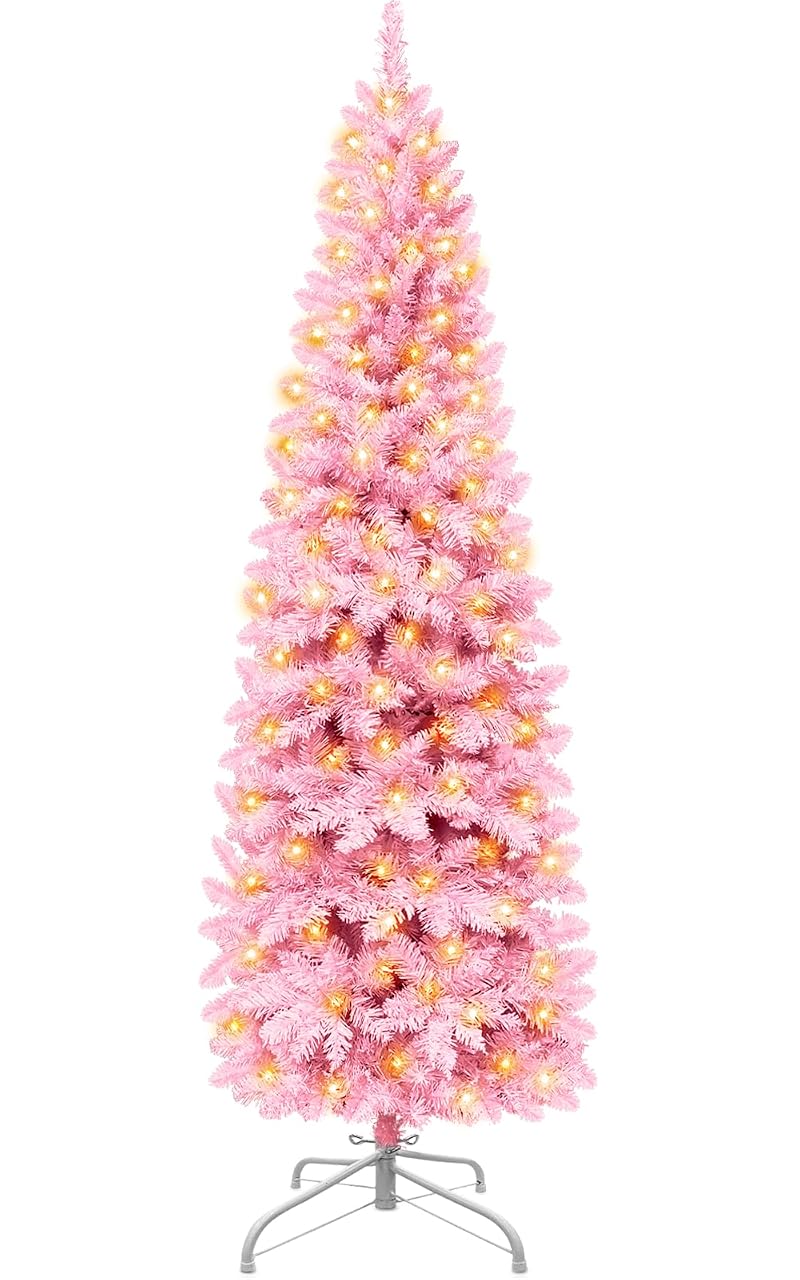 6ft Prelit Pink Artificial Slim Christmas Tree with 240 Warm LED Lights - Variation: Pink