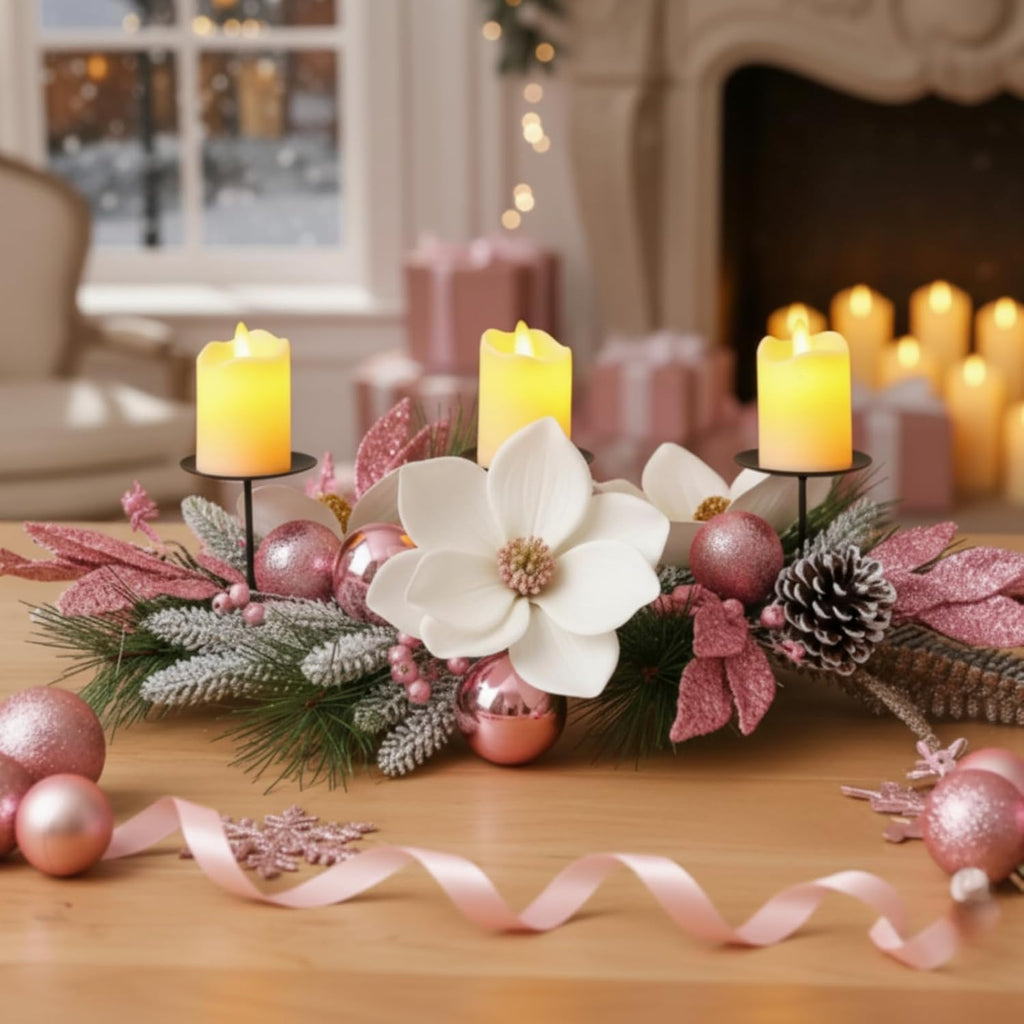 Maxdot Pink Christmas Candle Holder - Elegant Metal Poinsettia Design for Dining Table Decor | Festive Centerpiece