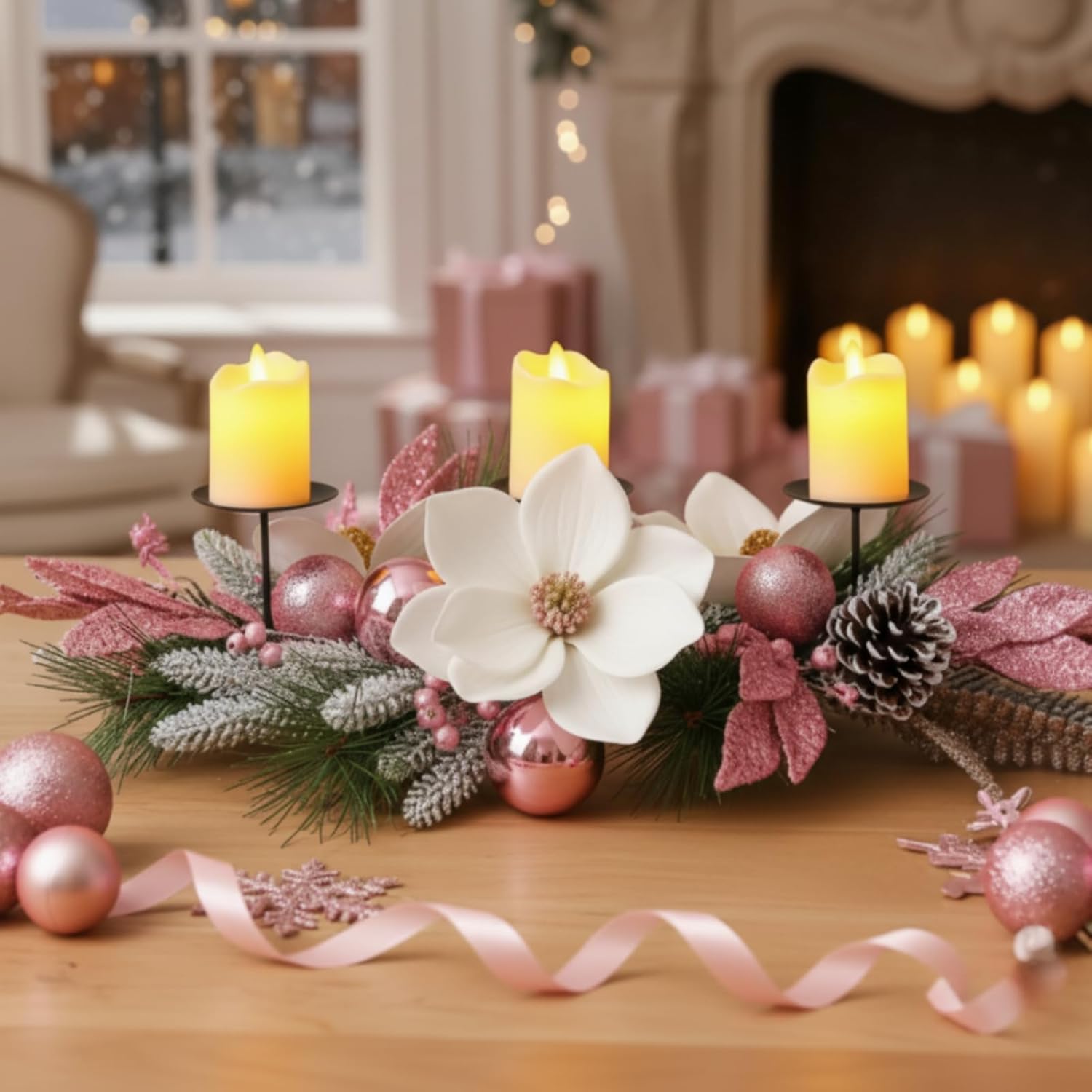 Maxdot Pink Christmas Candle Holder - Elegant Metal Poinsettia Design for Dining Table Decor | Festive Centerpiece