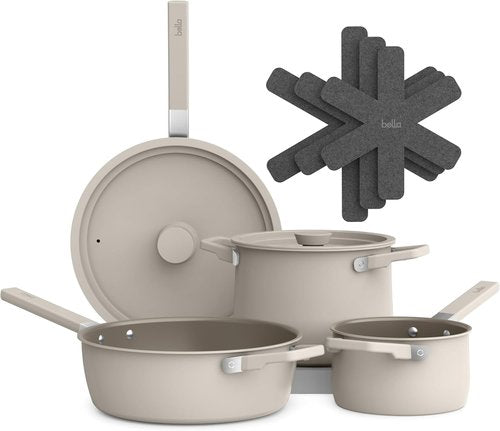 Bella 9-Piece Ceramic Nonstick Cookware Set - EverGood™ Coating, Dishwasher Safe, Stackable Design, Oatmilk