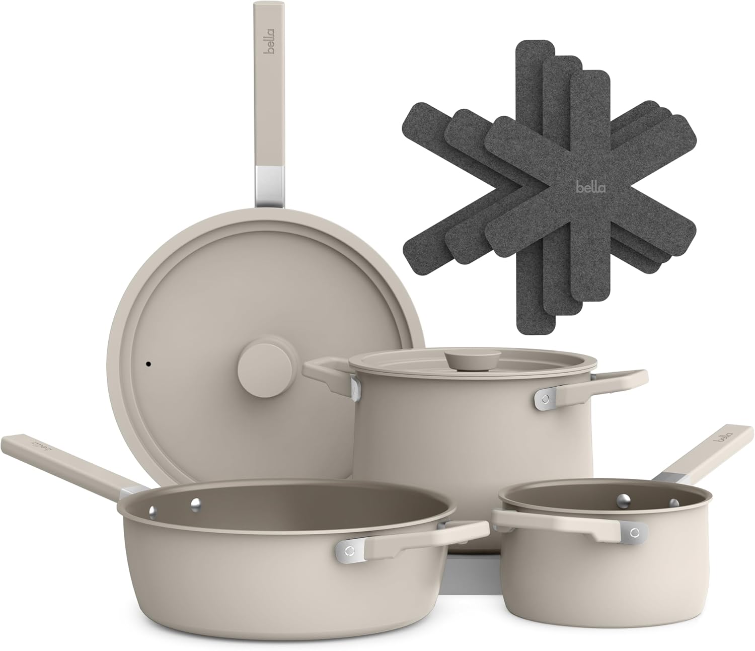 Bella 9-Piece Ceramic Nonstick Cookware Set - Dishwasher & Oven Safe, Stackable Design, Oatmilk Color