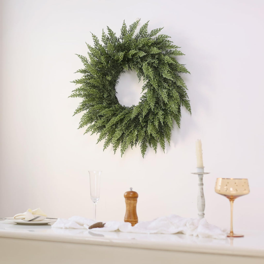 24" Soft Textured Christmas Cedar Wreath - Artificial Cedar Wreaths Faux Green Fake Pine Needles Wreath for Front Door, Wall, Windows, Home,Outdoor,Xmas Decor