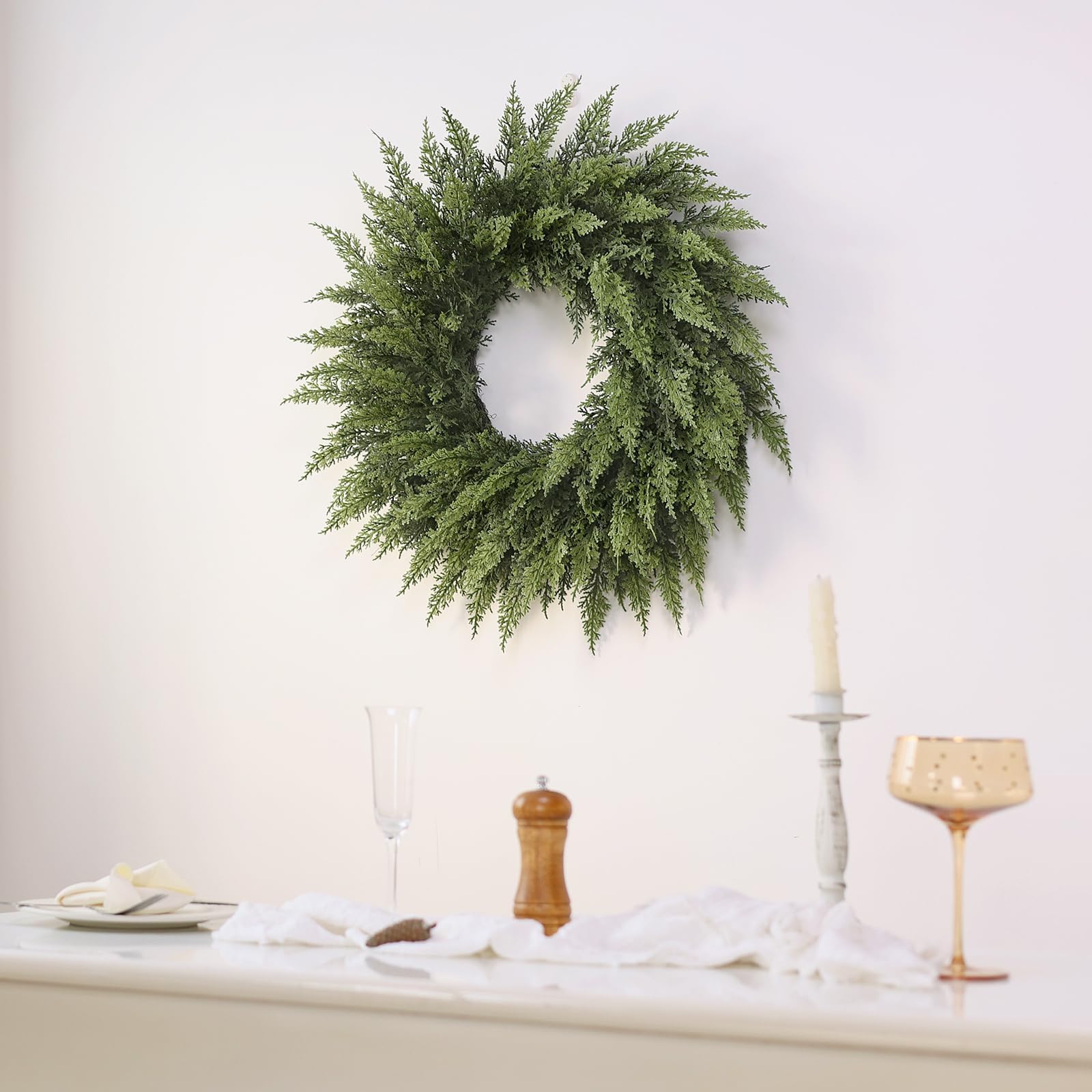 24" Soft Textured Christmas Cedar Wreath - Artificial Cedar Wreaths Faux Green Fake Pine Needles Wreath for Front Door, Wall, Windows, Home,Outdoor,Xmas Decor