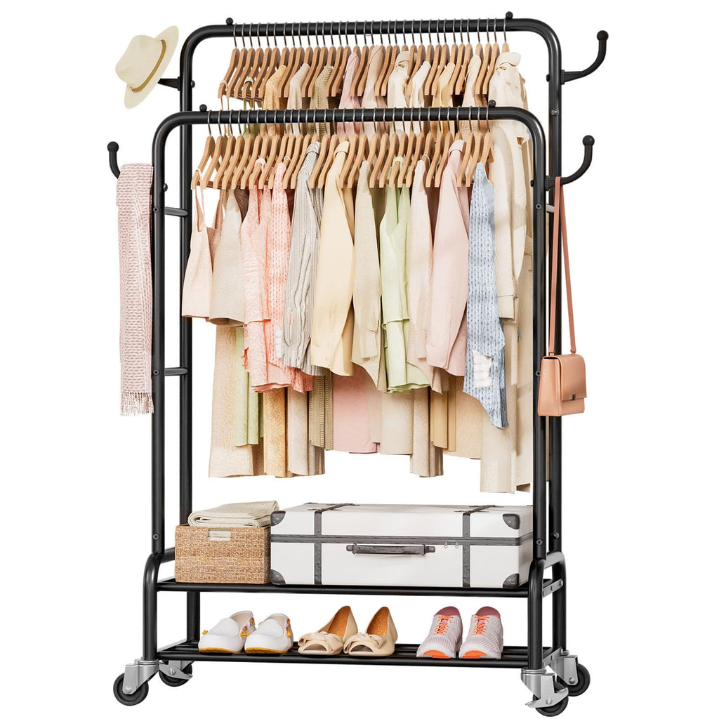 Homde Heavy Duty Clothes Rack: 265lb Rolling Double Rod Garment Hanging - Metal Coat Organizer Storage Display Shelf on Wheels for Bedroom Laundry