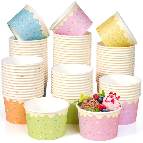 Hallswl 100pcs 9oz Ice Cream Bowls Disposable,Paper Ice Cream Cups,5 Color Sprinkles Food Containers for Dessert Snack Frozen Yogurt Soup and Summer Birthday Party Supplies