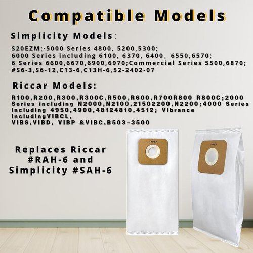 10 pack Type A HEPA Vacuum Bags Fit for simplicity symmetry,S20EZM,5000/6000 Series,for Riccar Most Vibrance, R-Series,2000/4000 Series Upright Vacuum Cleaners,Replacement Part RAH-6/SAH-6