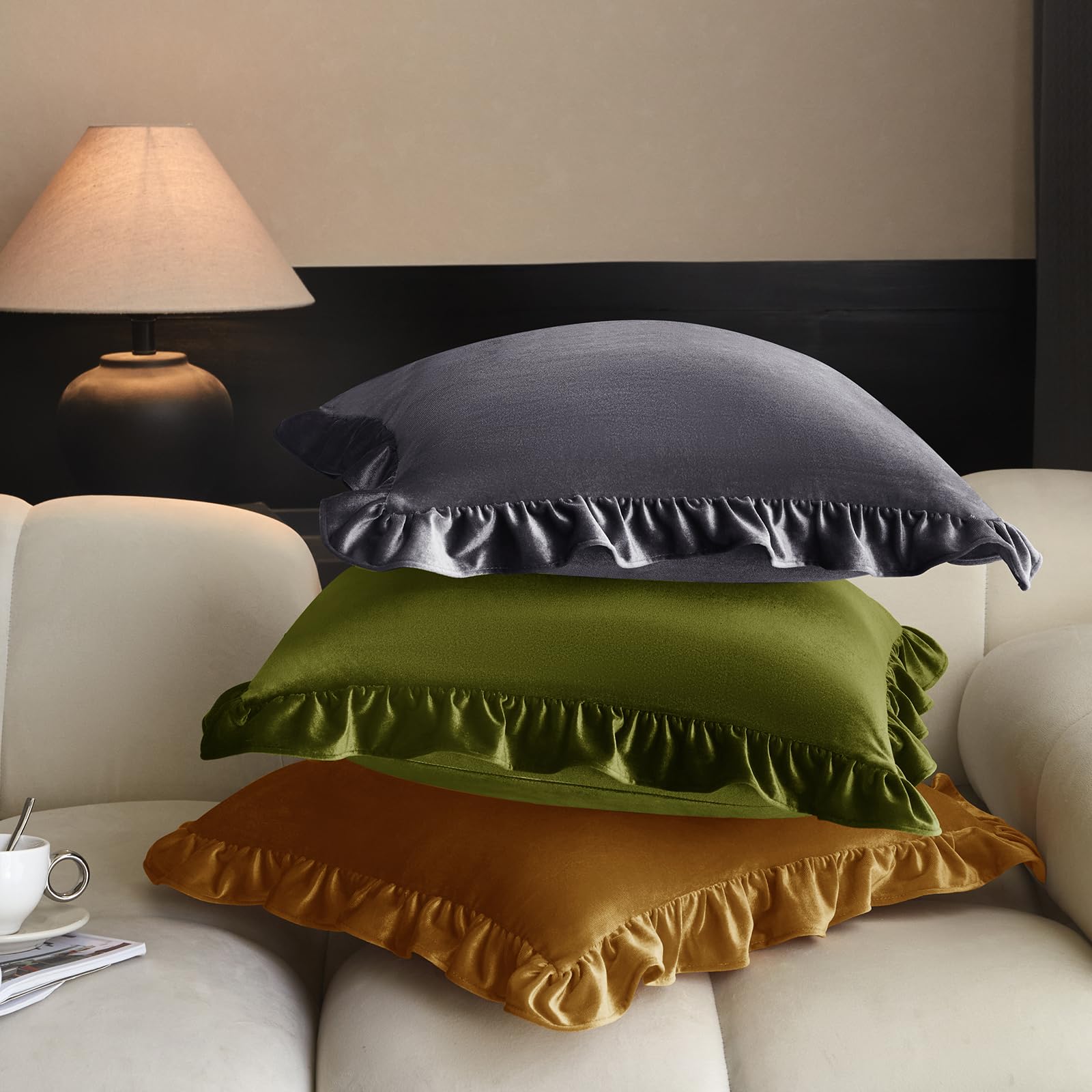 KKJIAF Gold Velvet Throw Pillow Covers 18 x 18 Inch Set of 2, Ruffle Euro Pillow Shams Velvet Square Pillow Case for Sofa Bedroom Couch Decorative