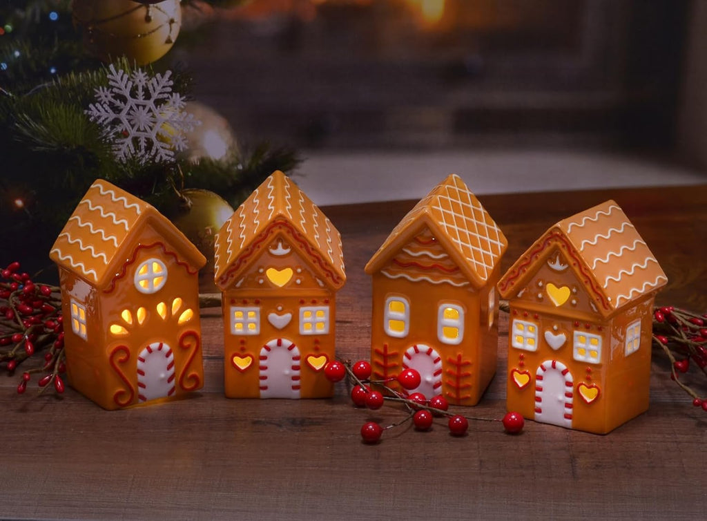 Mark Feldstein & Associates Gingerbread Village Houses - LED Lit Ceramic Set of 4, 4 Inch