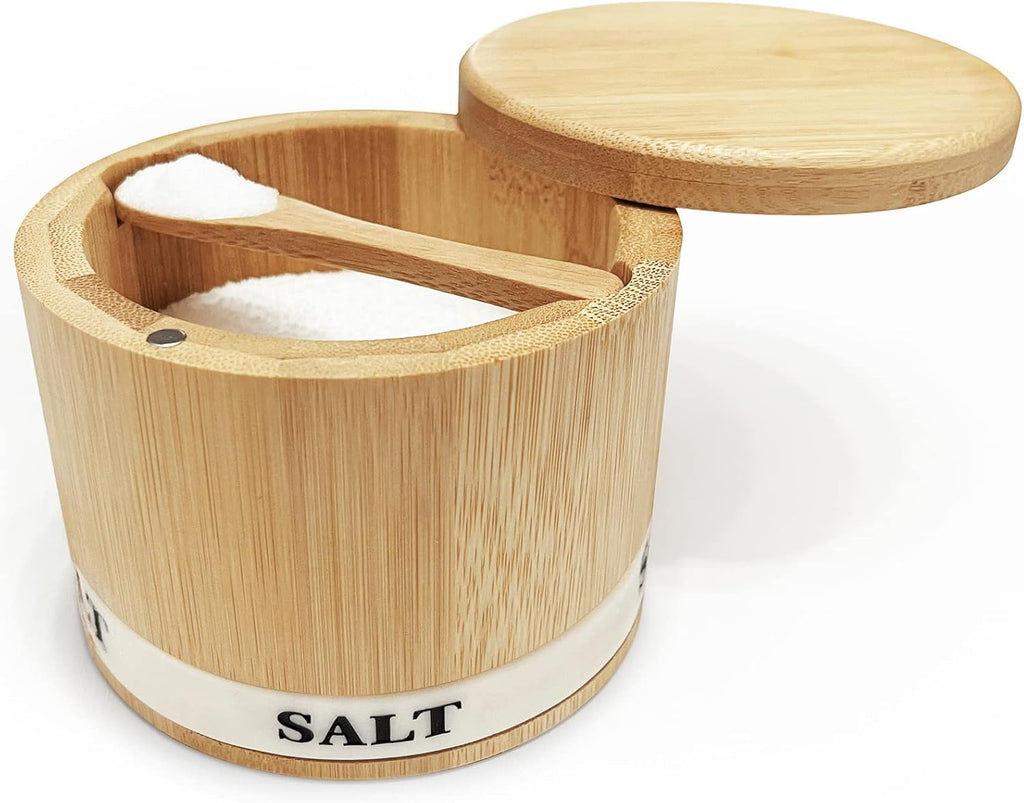 ThougrLyh Bamboo Salt Box - Magnetic Swivel Lid Salt Cellar with Spoon for Easy Storage | Small Spice Container