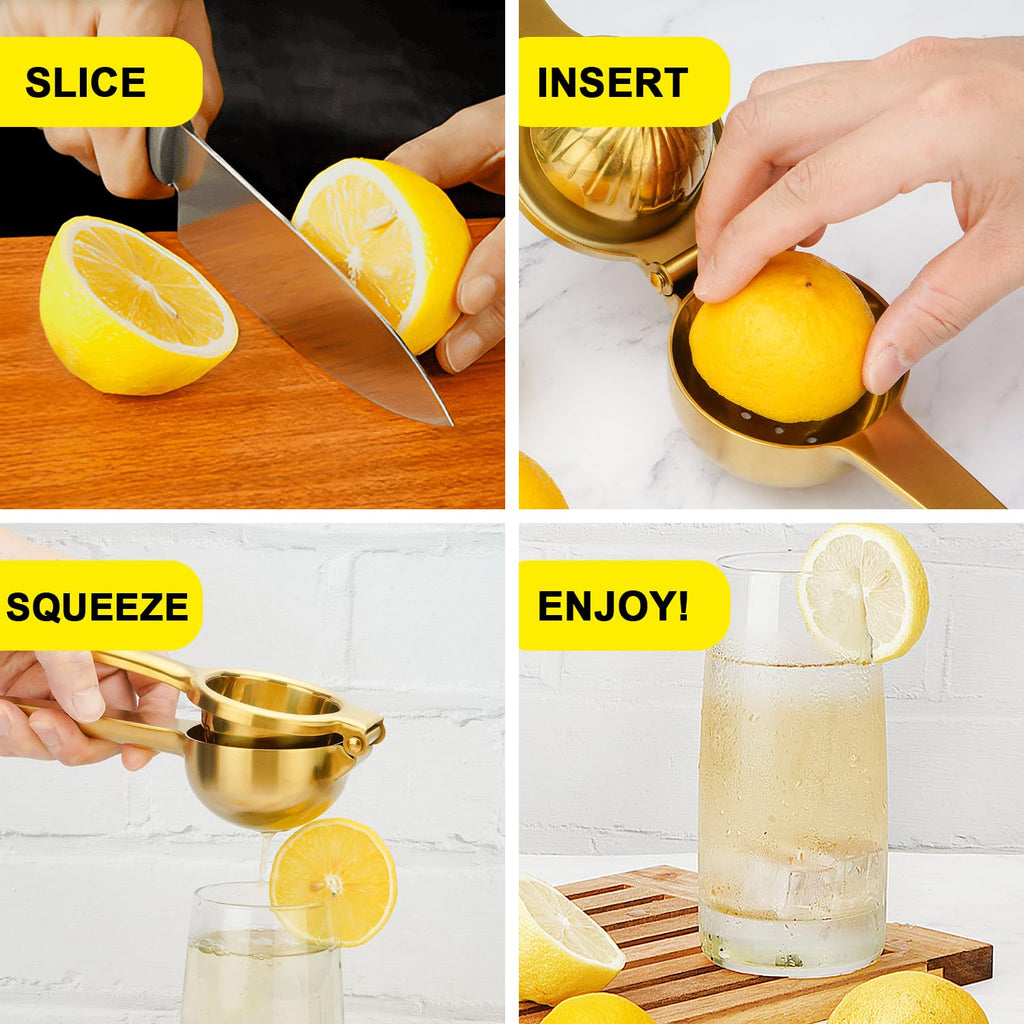SHIKORI Lemon Squeezer, Large Heavy Duty Handhelp Juicer for Lemon, Stainless Steel Hand Press Citrus Juicer, Lime Squeezer Bar Tool, Manual Citrus Press (Gold)