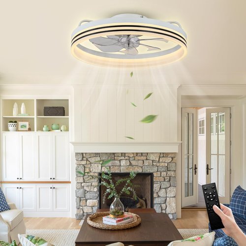 Cainjiazh Ceiling Fans with Lights 20" Fandelier Modern Ceiling Fan Dimmable Low Profile Ceiling Fan Flush Mount Bladeless Chandelier Fan Ceiling Fan Lights for Bedroom Kitchen and Living Room(White)