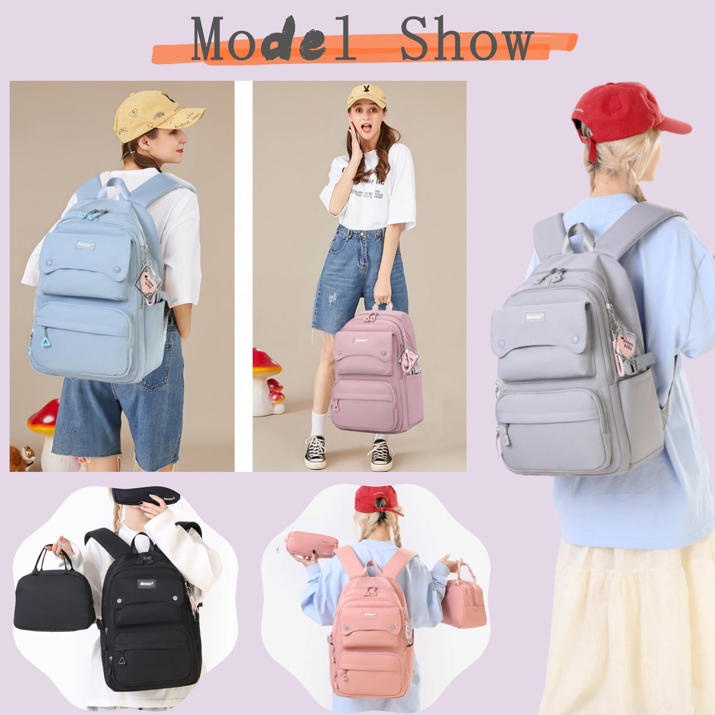 Bansusu 3Pcs Girls Backpack and Lunchbox Set for School Kids, Solid Color School Bag Backpack for Girls with Lunch Bag, Grey