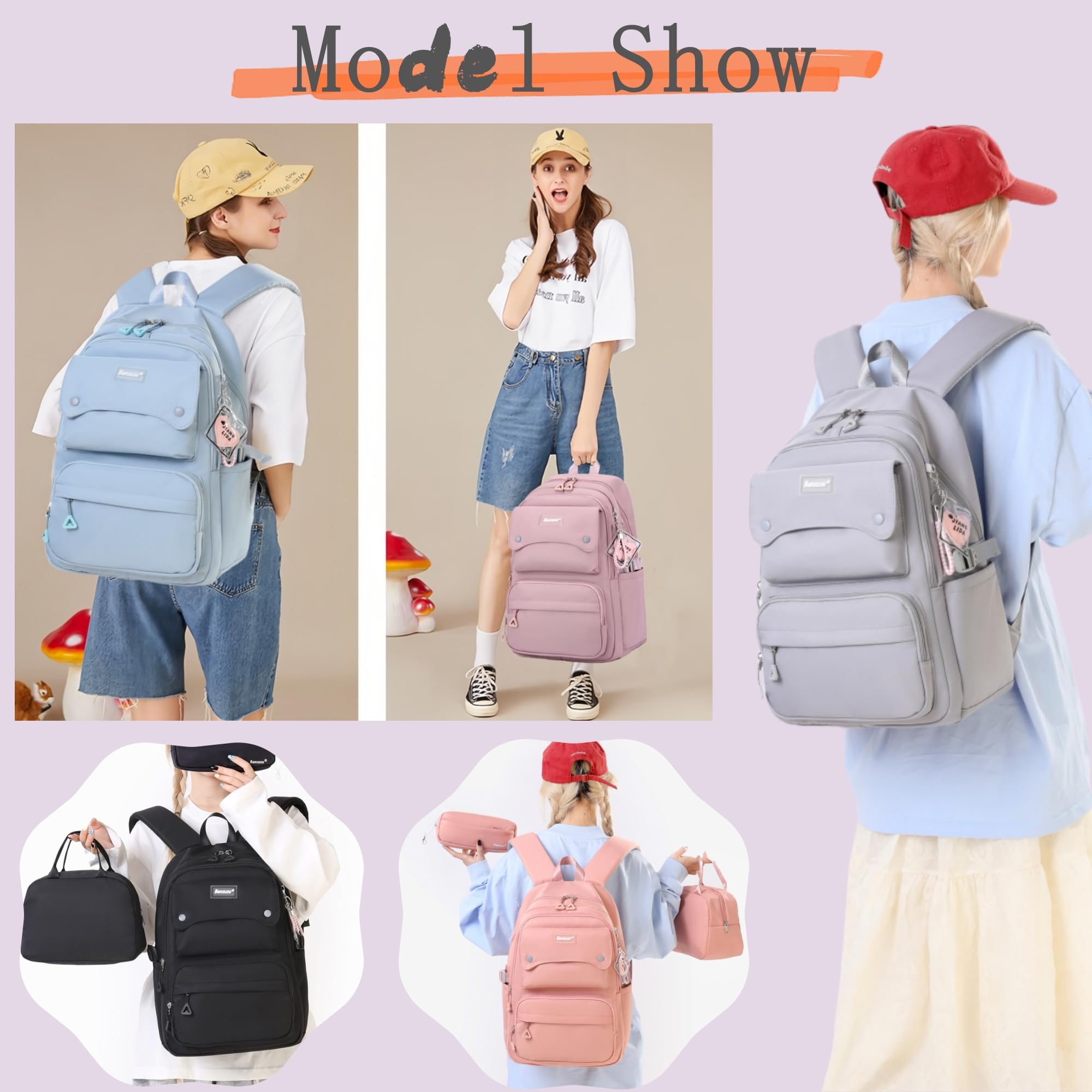 Bansusu 3Pcs Girls Backpack and Lunchbox Set for School Kids, Solid Color School Bag Backpack for Girls with Lunch Bag, Grey