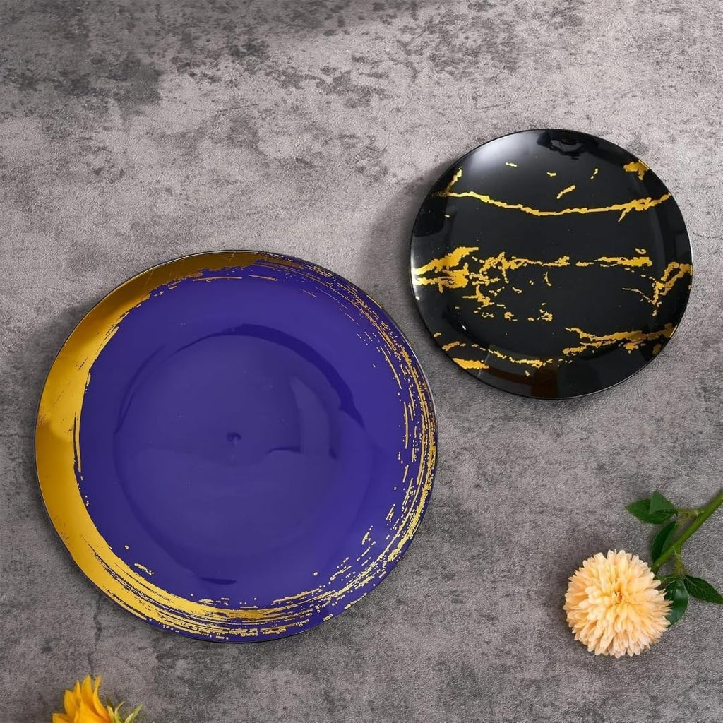 Silver Spoons Elegant Blue Disposable Plastic Dinner Plates with Brushed Gold Rim - 10.25" (Pack of 10) - Ideal for Weddings, Parties & Special Occasion