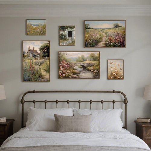 Gardenia Art Framed Wall Art - Country Landscape Canvas Print of Mountain Bridge & River | Spring Scene Decor for Farmhouse Bedroom