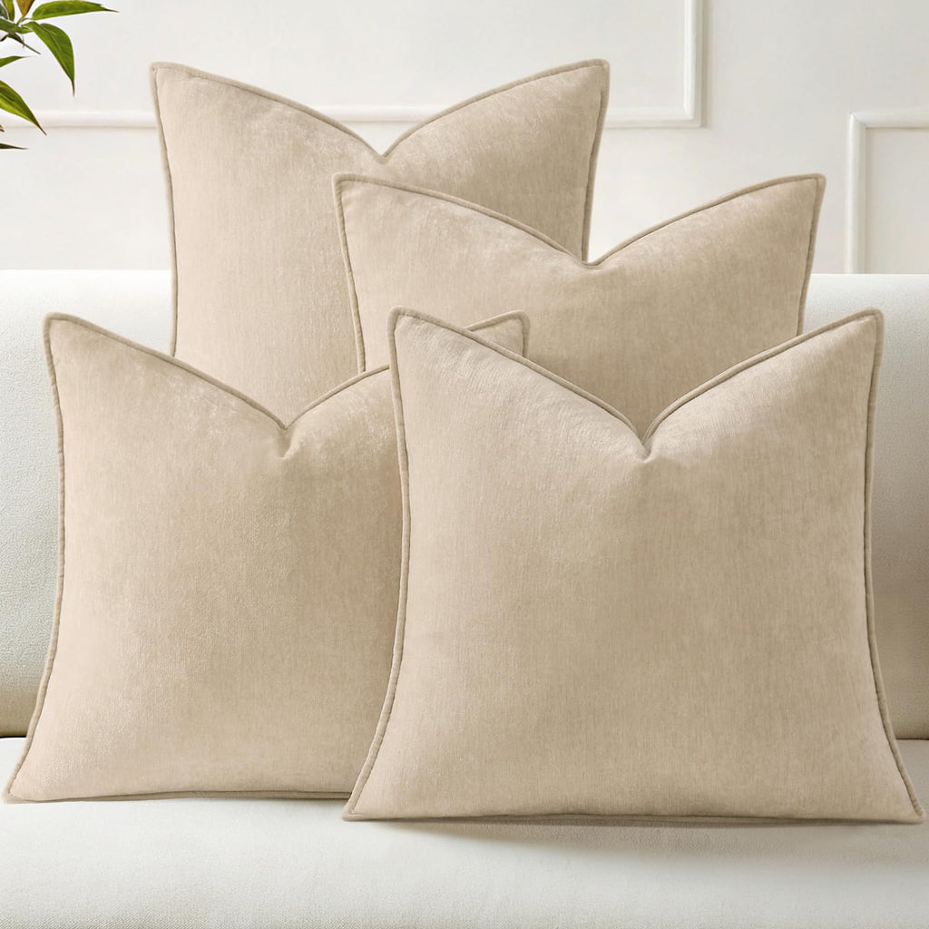 decorUhome Summer Set of 4 Beige Couch Throw Pillow Covers 18x18, Decorative Soft Neutral Chenille Pillow Covers with Elegant Design for Living Room Bed Sofa
