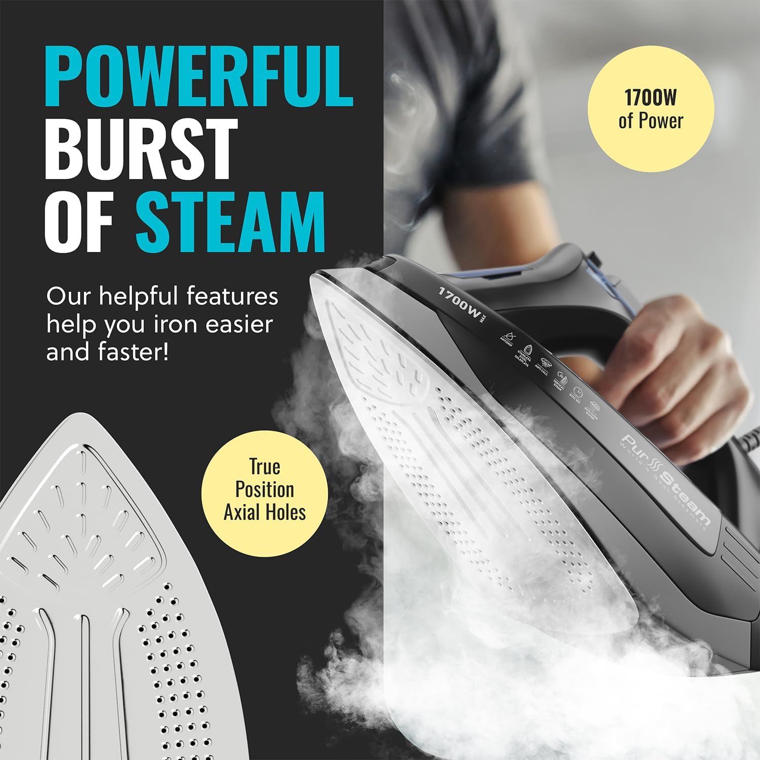 Pursteam Steam Iron - 1700W Self-Cleaning Nonstick Stainless Steel Soleplate | Auto Shutoff & Anti-Drip
