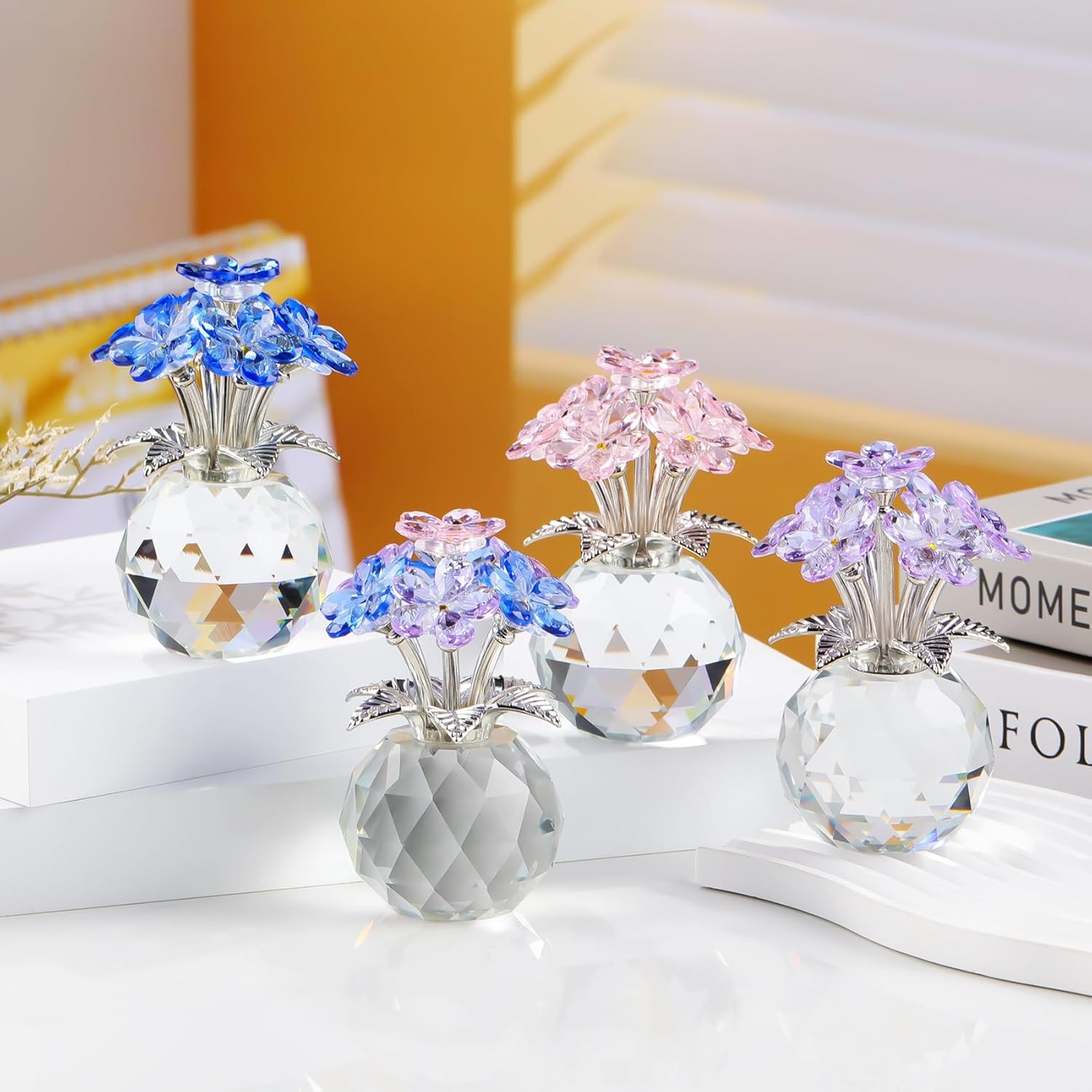 YWHL Blue Crystal Forget-Me-Not Flowers | Handmade Glass Bouquet Figurine for Tabletop Decor