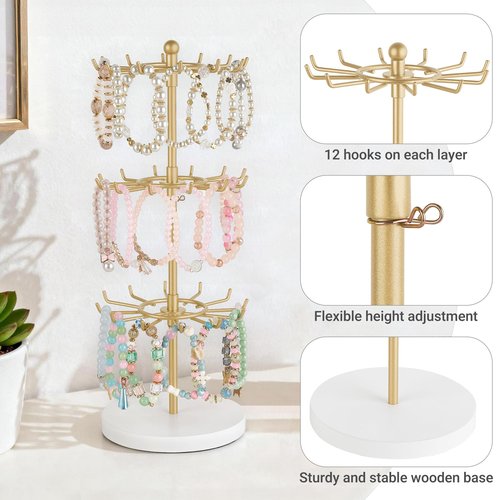 Mkono Bracelet Holder Gold Metal Rotating Bracelet Display Stand 3 Tier Jewelry Tower rack with 36 Hooks and Wood Base Modern Adjustable Storage Organizer Tree for Selling KeyChain Bangle Accessories