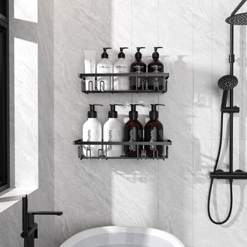 Getsrichfc Shower Caddy Adhesive, Rustproof Shower Shelves for Inside Shower, Large Capacity Bathroom Organizers and Storage, Shower Storage with Removable Hooks, No Drill Bathroom Accessories Black
