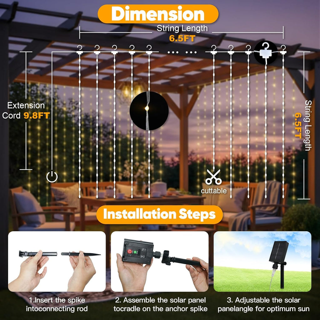 Suddus Solar Curtain Lights - 200 LED Tangle-Free Waterproof Hanging Lights for Christmas & Events | Warm White