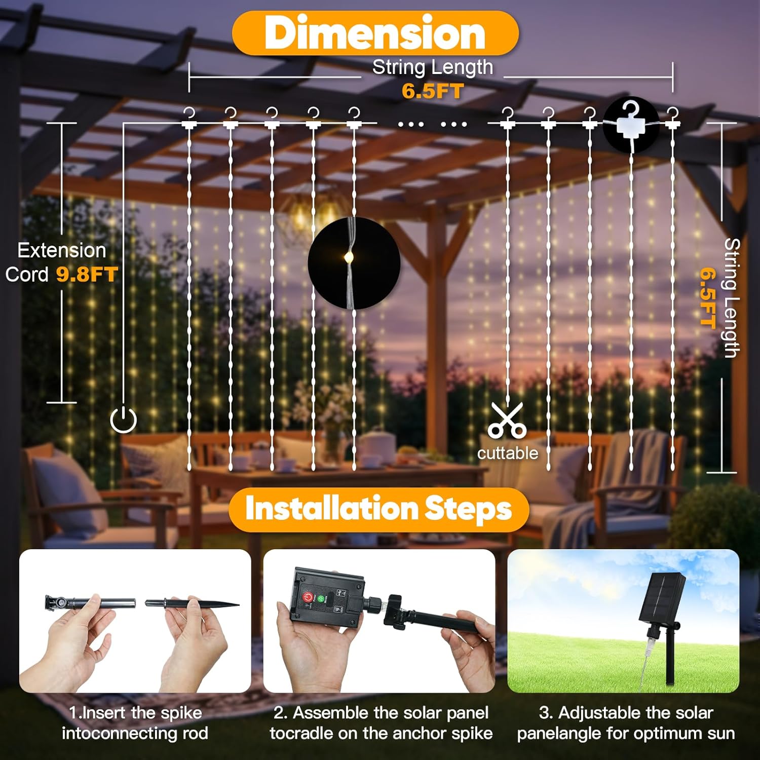 Suddus Solar Curtain Lights - 200 LED Tangle-Free Waterproof Hanging Lights for Christmas & Events | Warm White