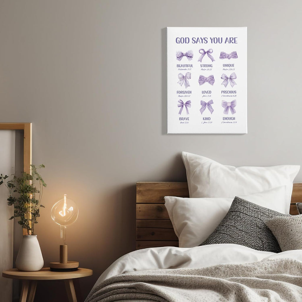 PHAMTE Christian Wall Art Decor - Inspirational Purple Bow Canvas 11x14 for Girly Room
