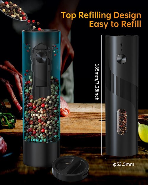 Circle Joy Electric Rechargeable Salt and Pepper Grinder Set - Automatic Mill with Adjustable Coarseness & LED | Easy Fill, Large Capacity