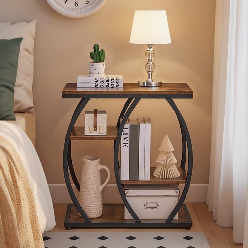 HOOBRO Industrial End Table, 4 Tier End Table with Storage Shelves, Small Side Table with Geometric Metal Frame, Night Stand for Living Room, Bedroom, Office, Rustic Brown and Black BF164BZ01
