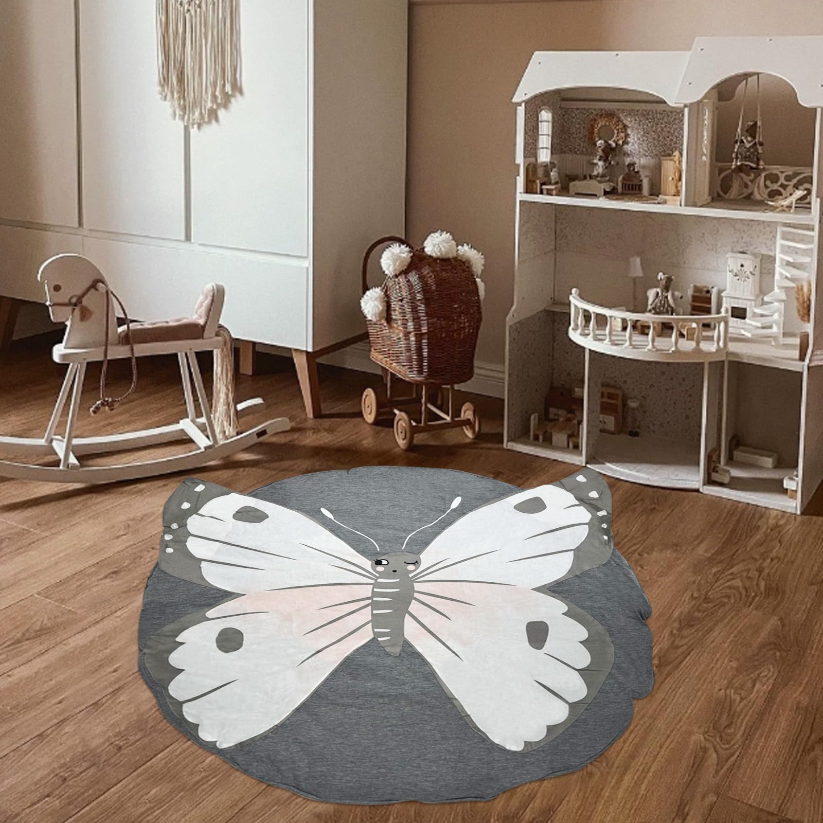 ABREEZE Butterfly Baby Round Play Pad Crawling Mat Blanket Tummy Time Mat Rug for Kids Children Toddlers Bedroom