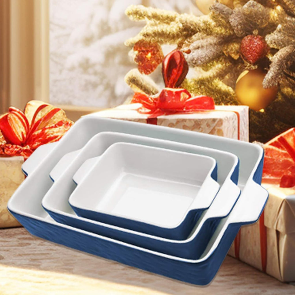 Regine Switzerland Casserole Dishes - Ceramic Baking Pan Set of 3 | Deep Porcelain Lasagna Pans (11.6" x 7.8", Dark Blue)