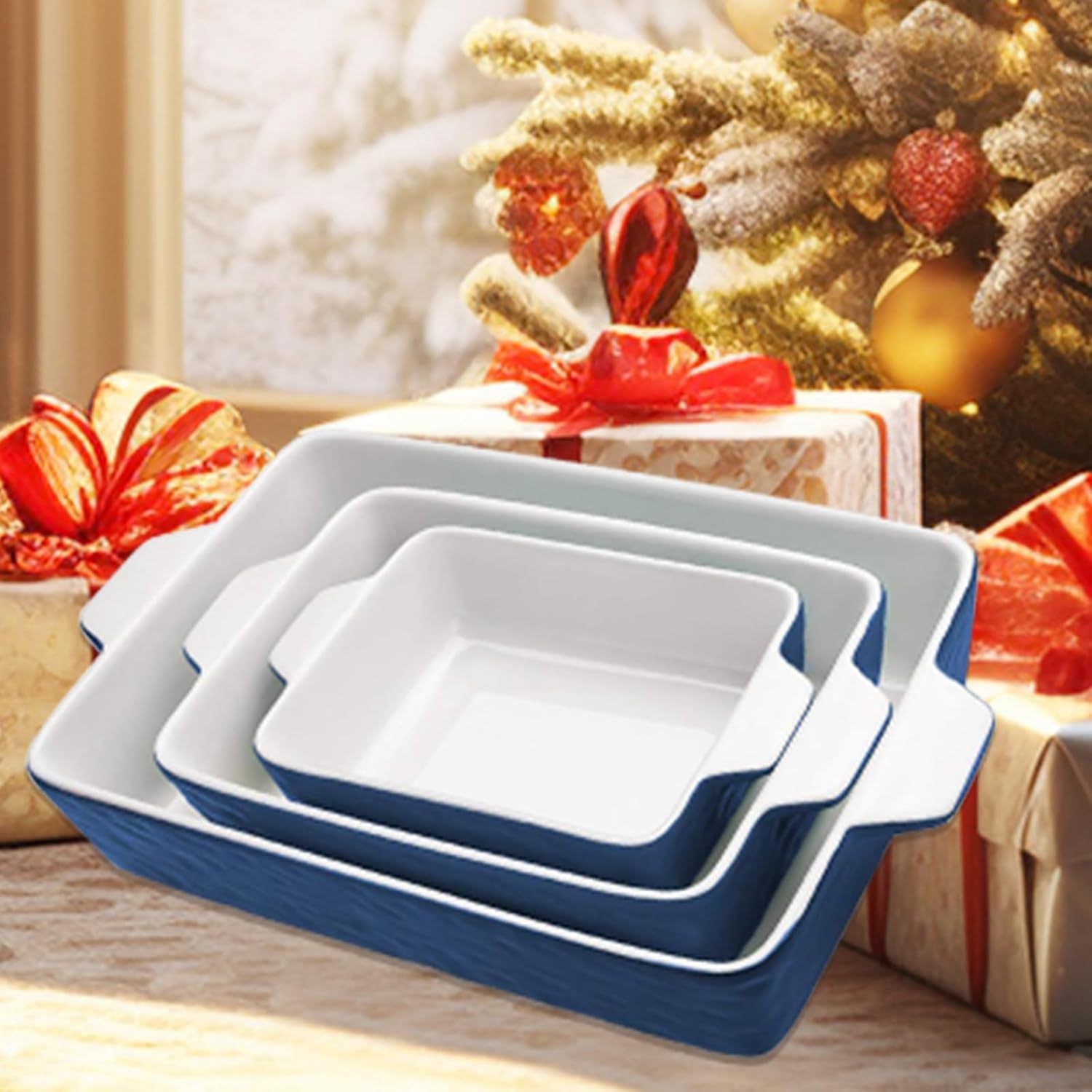 Regine Switzerland Casserole Dishes - Ceramic Baking Pan Set of 3 | Deep Porcelain Lasagna Pans (11.6" x 7.8", Dark Blue)