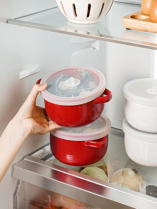 LE TAUCI Ceramic Soup Bowls - 28 oz Ramen Bowls with Handles & Silicone Lids | Microwavable, Oven Safe, Set of 2, Red