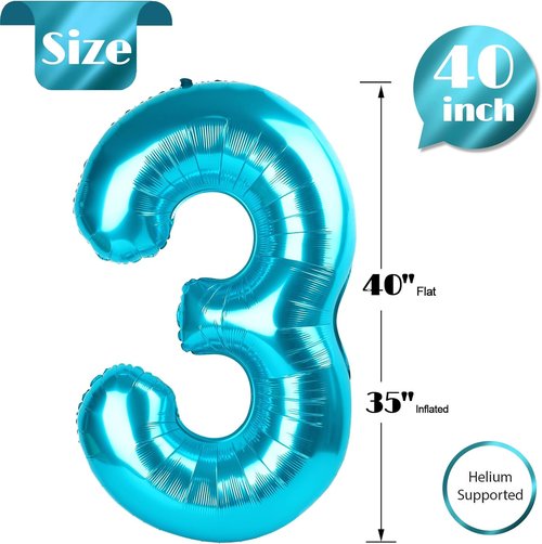 Light Blue Number 3 Balloon - 40 Inch 3rd Birthday Celebration Supplies for Kids & Adults