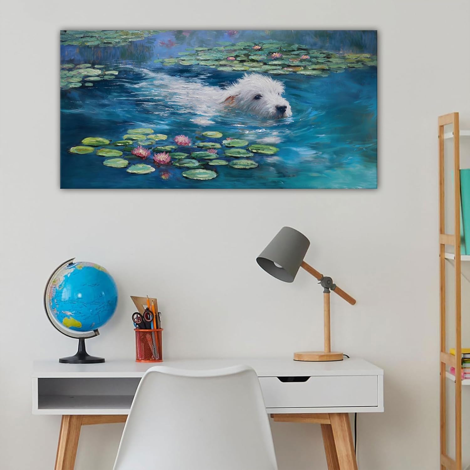 Monet Dog Wall Art - Large Framed Canvas Decor for Bedroom & Living Room - Vintage Landscape Painting 24x48 IN