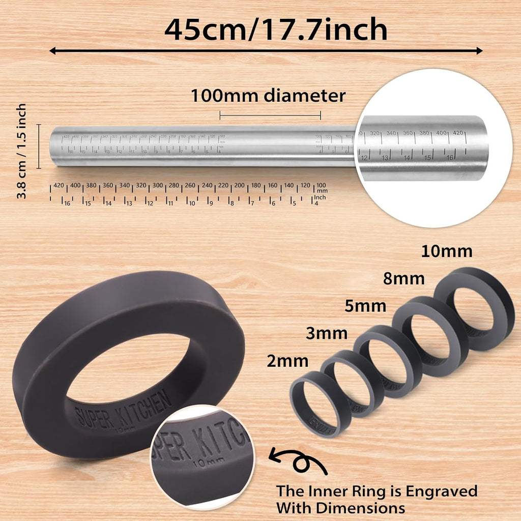 Skiennix Adjustable Rolling Pin - Non-Stick Stainless Steel Dough Roller with Thickness Rings | 17.5" Grey