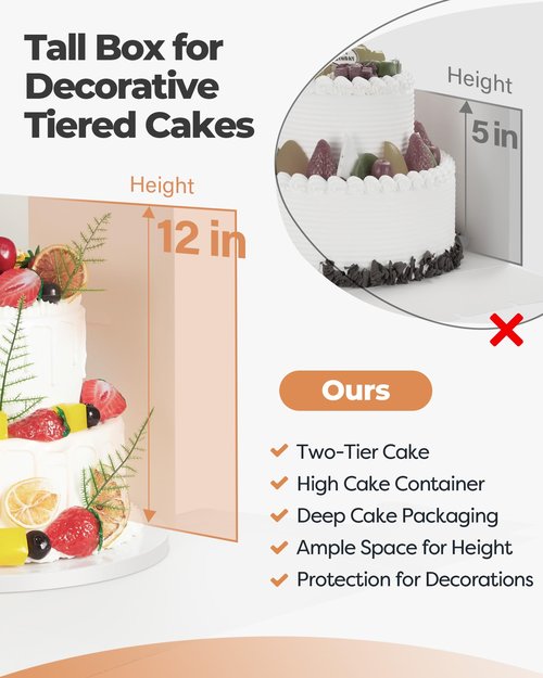 Kootek Cake Box with Board Drum, 12x12x12 Inches Tall Bakery Box with Window, Disposable Cake Container with Lid for Multi-Layer Cake, Cake Decorating, Wedding, Birthday, Party