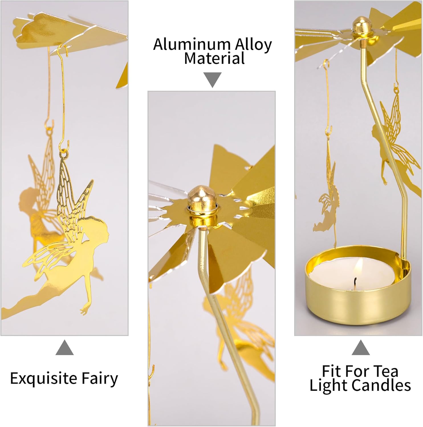 Skiennix Spinning Candle Holder - Gold Fairy Carousel Design | Rotating Metal Tea Light Centerpiece