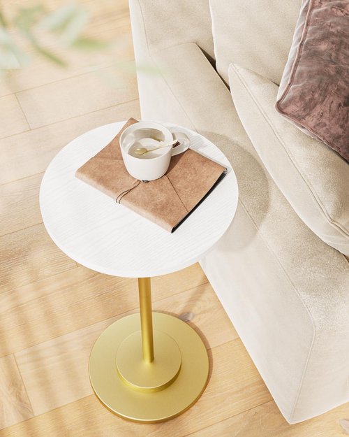 Masupu Drink Table, Round Side Table for Small Spaces, Pedestal Side Table, Small End Table with Metal Base, for Living Room, Bedroom, Bathroom, White Gold