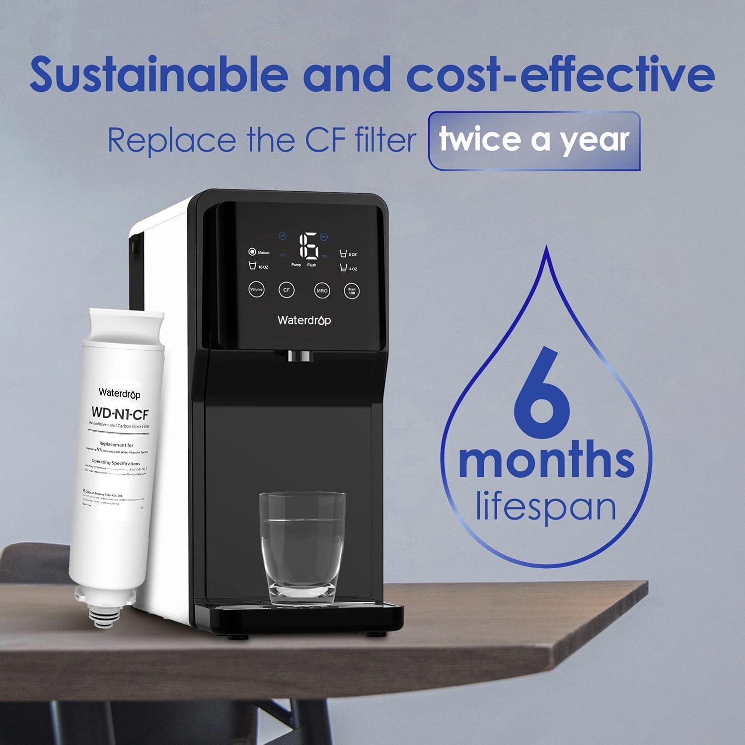 Waterdrop N1-CF Water Filter, Replacement for N1 Countertop Reverse Osmosis System, 6-Month Lifetime