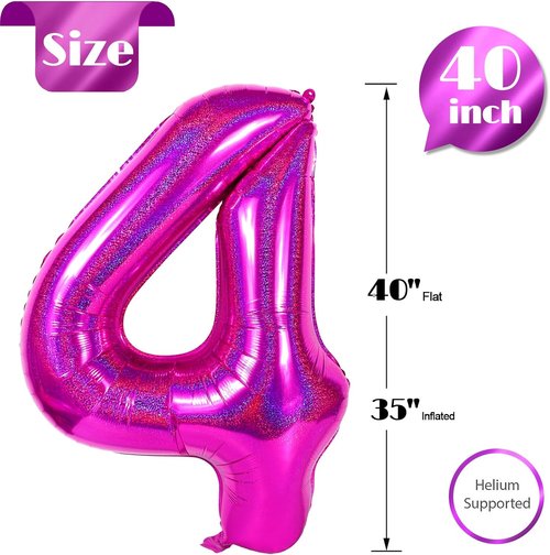 Laser | Hot Pink Number 4 Balloon - 40 Inch Large Birthday Decoration for Girls' 4th Party