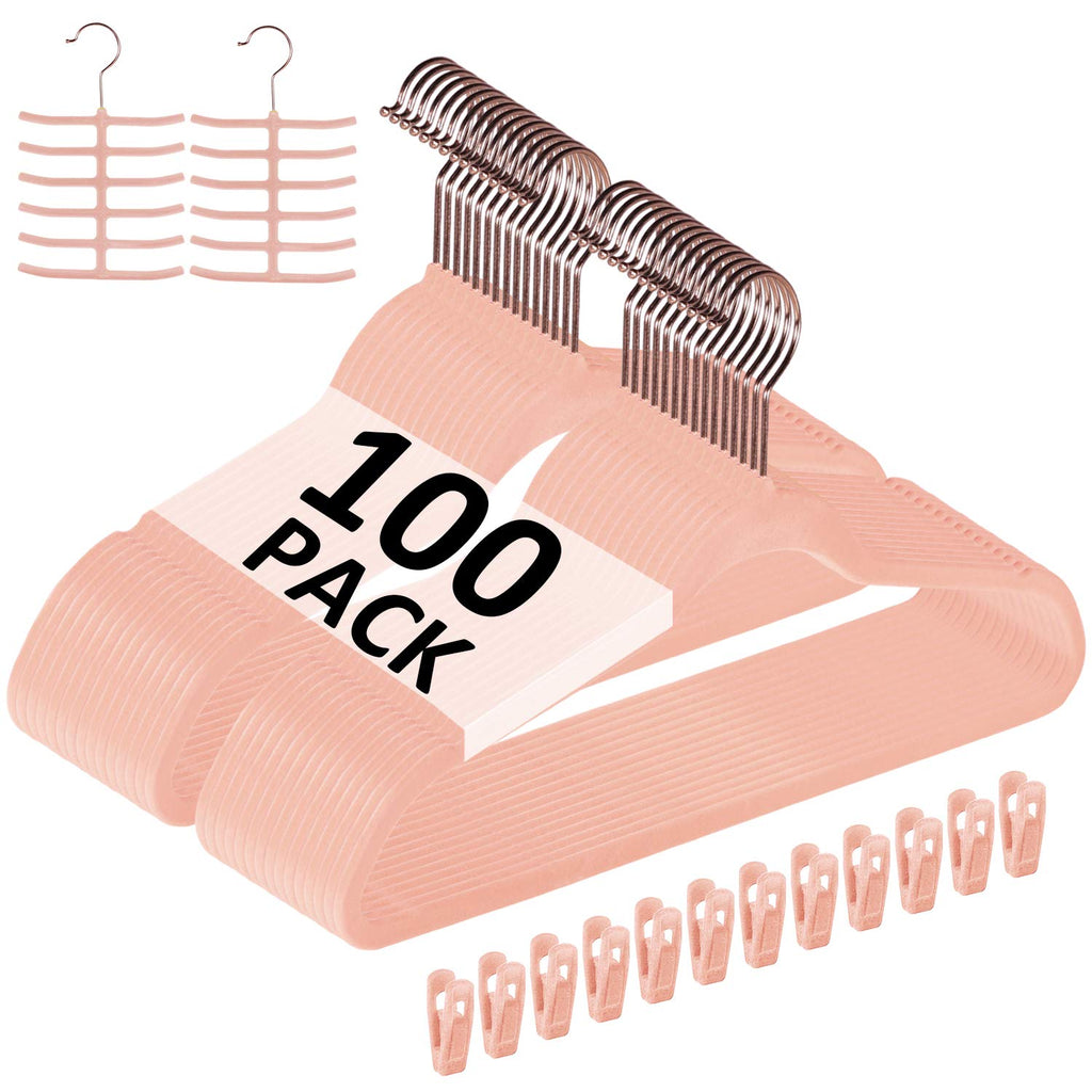 VECELO Premium Velvet Clothes Hangers Suit Heavy Duty (100 Pack)-Non Slip & Space-Saving with 12 Finger Clips & 2Tie Rack Excellent for Men and Women,Pink