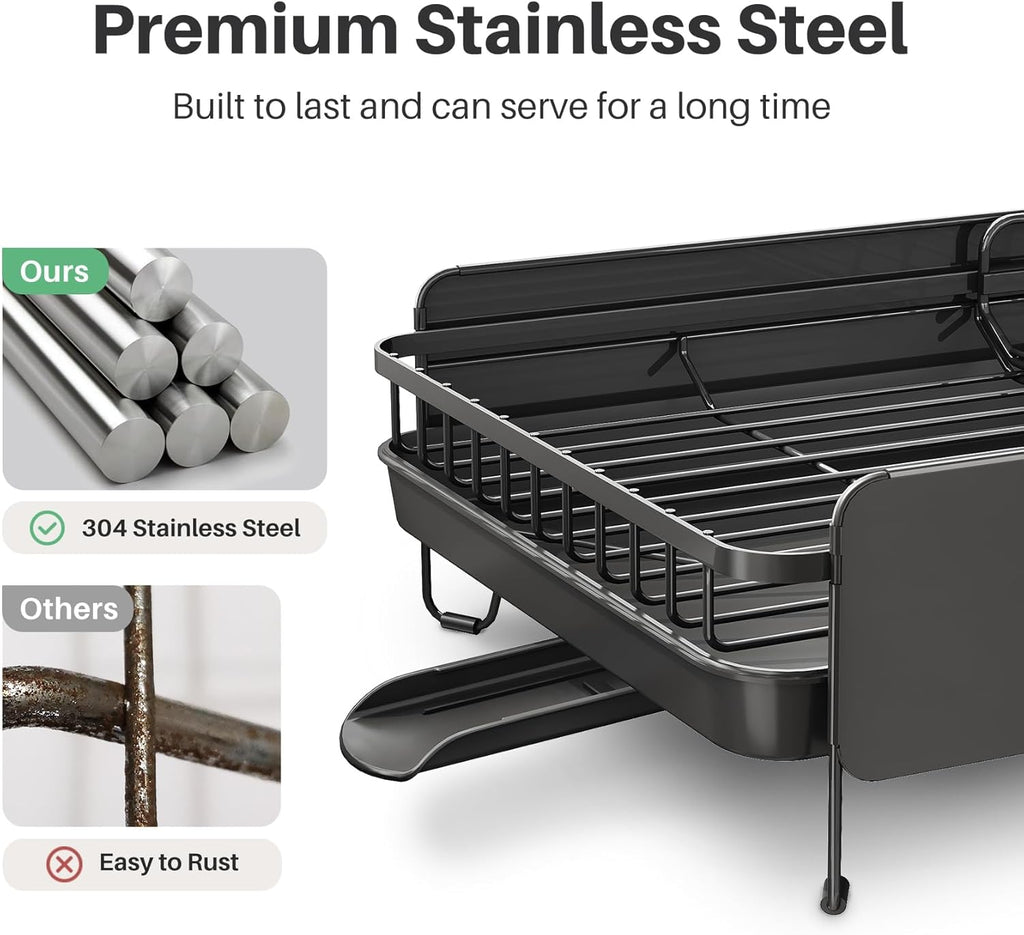SNTD Large Dish Drying Rack - Expandable Stainless Steel Kitchen Dish Drainer | 19.3" to 29.4" with Utensil Holder & Pan Lid Holder (Black)