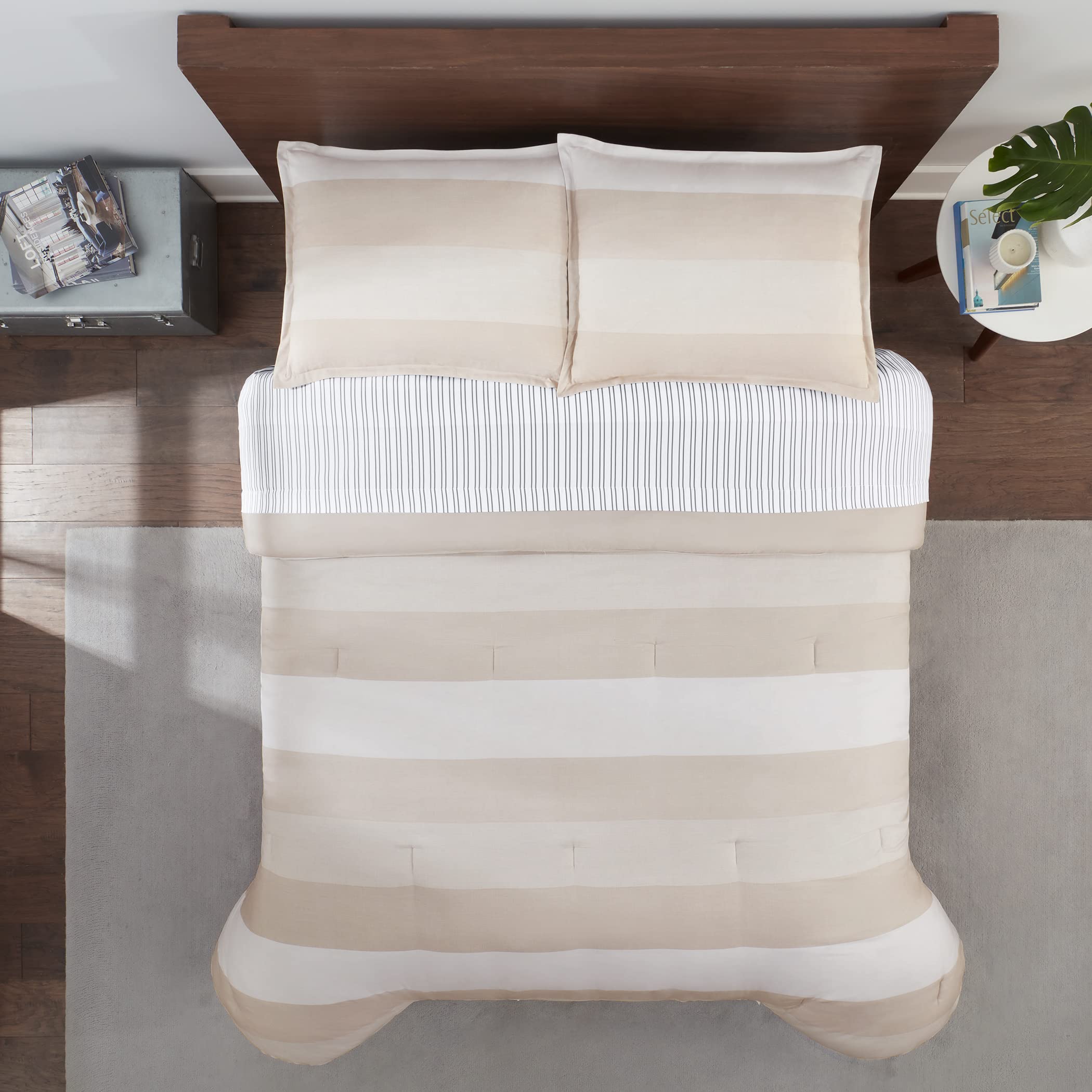 Serta Simply Clean Billy Soft 7 Piece Textured Stripe Bed in a Bag Complete Bedding Comforter Set with Sheets and Pillow Cases for All Season, Full, Natural