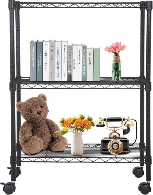 BestOffice 3-Tier Wire Storage Shelves - Adjustable Heavy-Duty Metal Racks with Wheels | 23x13x31 | Black | Holds Up to 170 lbs | No-Tool Assembly for Home & Garage