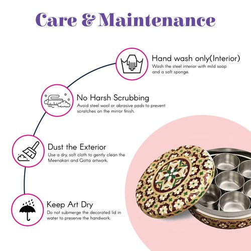 LOVENSPIRE Stainless Steel Meenakari Spice Box Organizer (7 Inch) with 7 Compartments Cups Set - Round Masala Dabba Container with Lid for Kitchen Herbs Storage, Housewarmings & Indian Return Gift