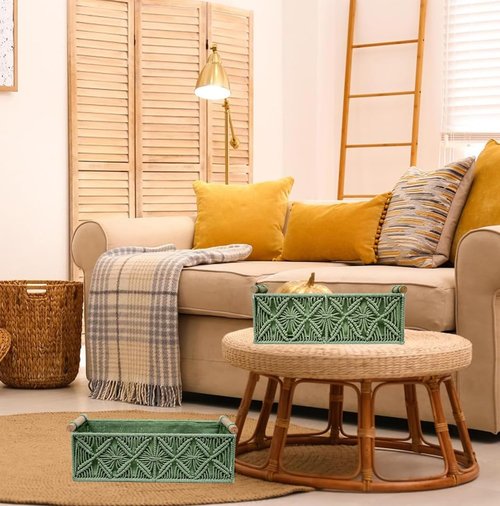 HOSROOME Macrame Decorative Baskets - Boho Organizing Baskets for Home Decor | Set of 2, Green